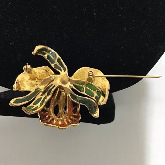 Joan Rivers Vintage Plique A Jour Orchid Brooch And Matching Pierced Earring Set - Picture 10 of 16